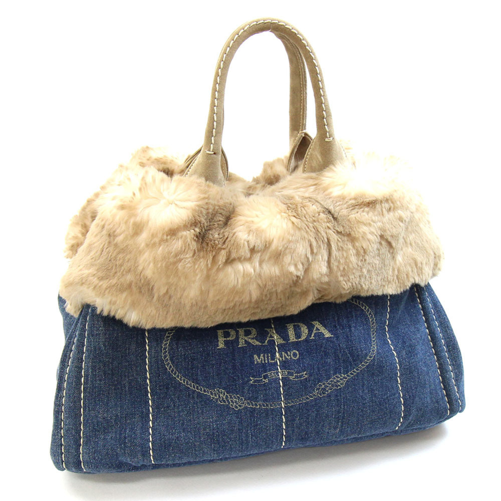 Prada Canapa handbag BN2182 Blue Beige Denim Faux Fur Suede Tote Bag for Wome...
